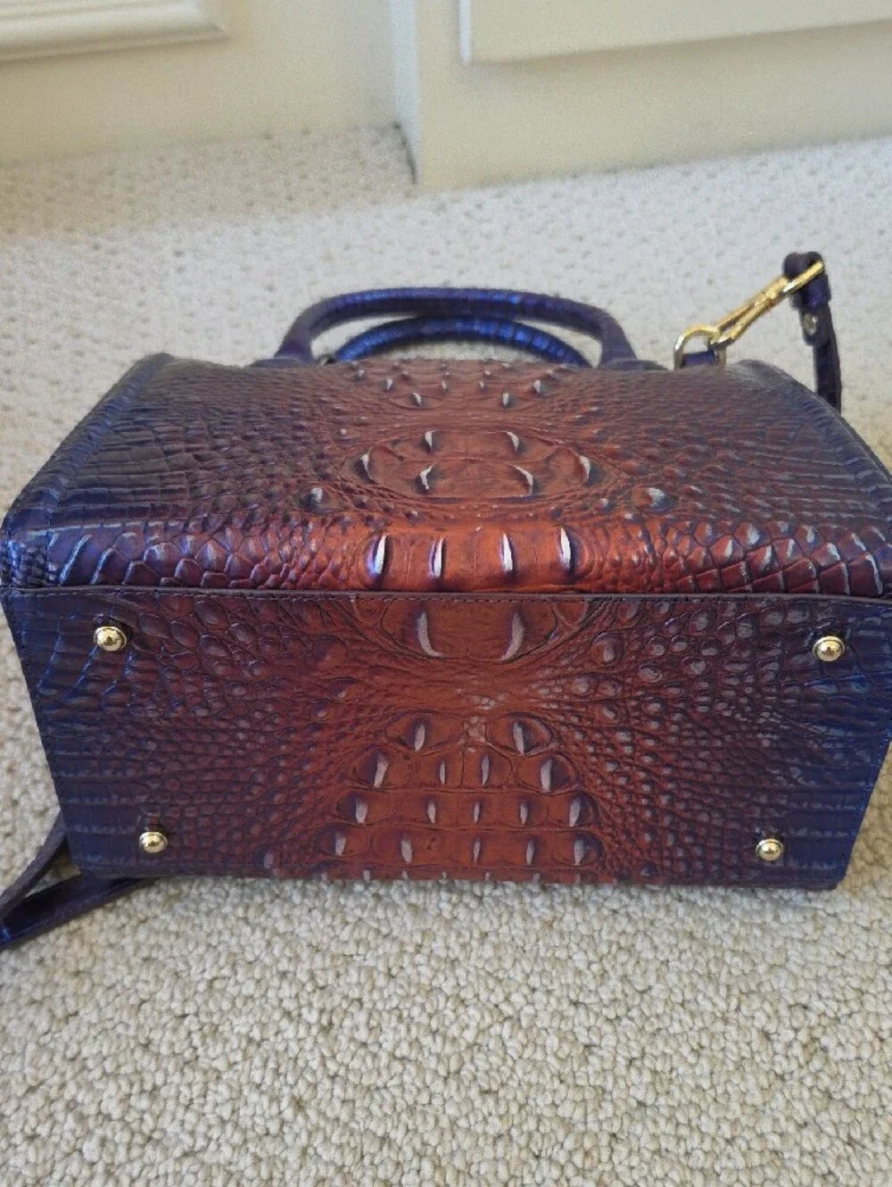Brahmin Two-Tone Croc-Embossed Satchel in Brown and Purple